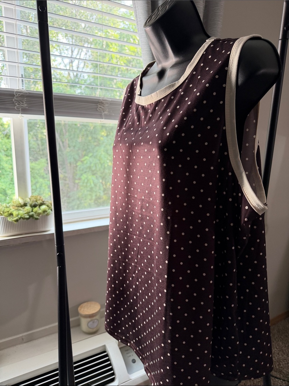 Sleeveless Polka Dot Tank with Contrast Trim - Dark Brown & Cream
